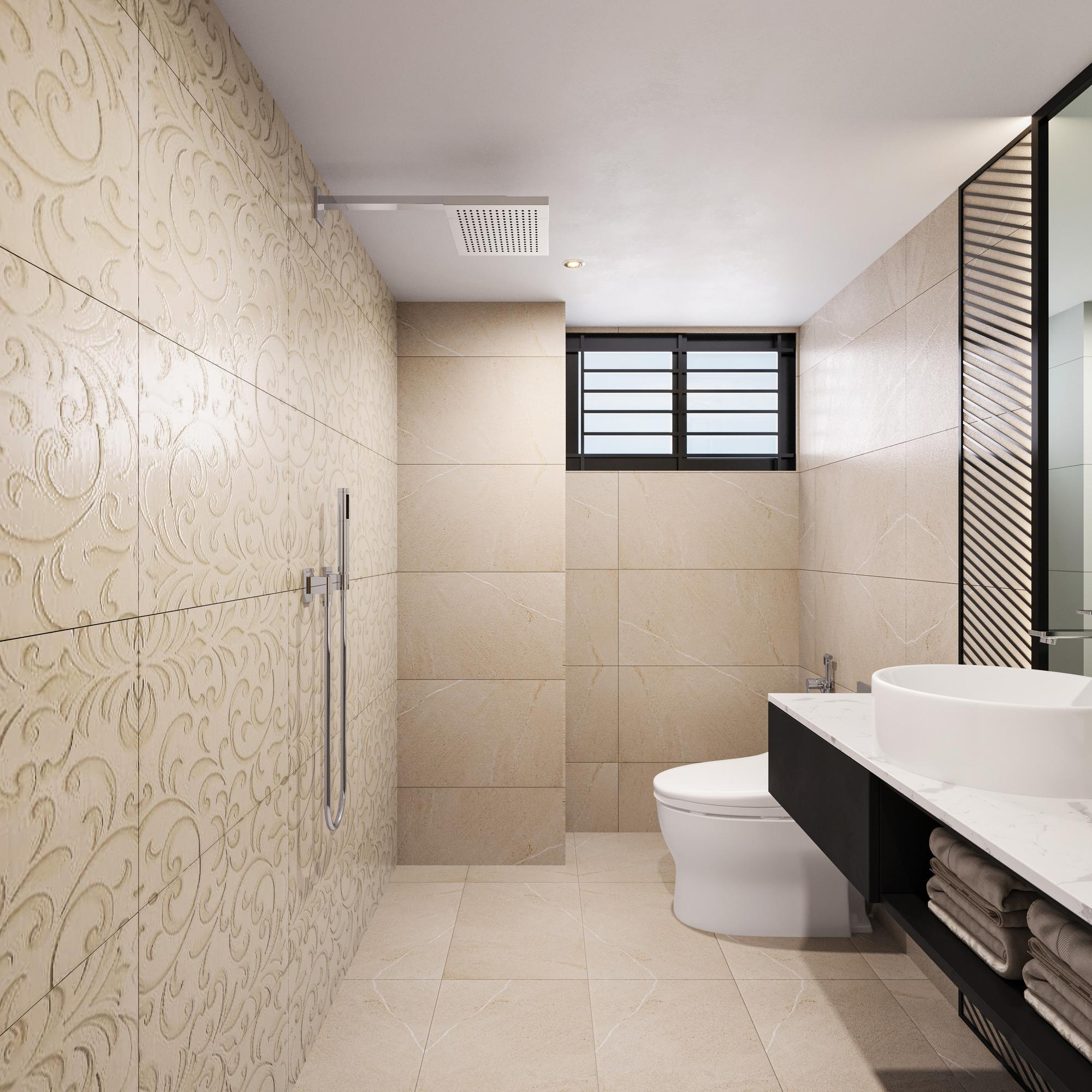 Close-up of sealed marble bathroom floor showing water beading effect
