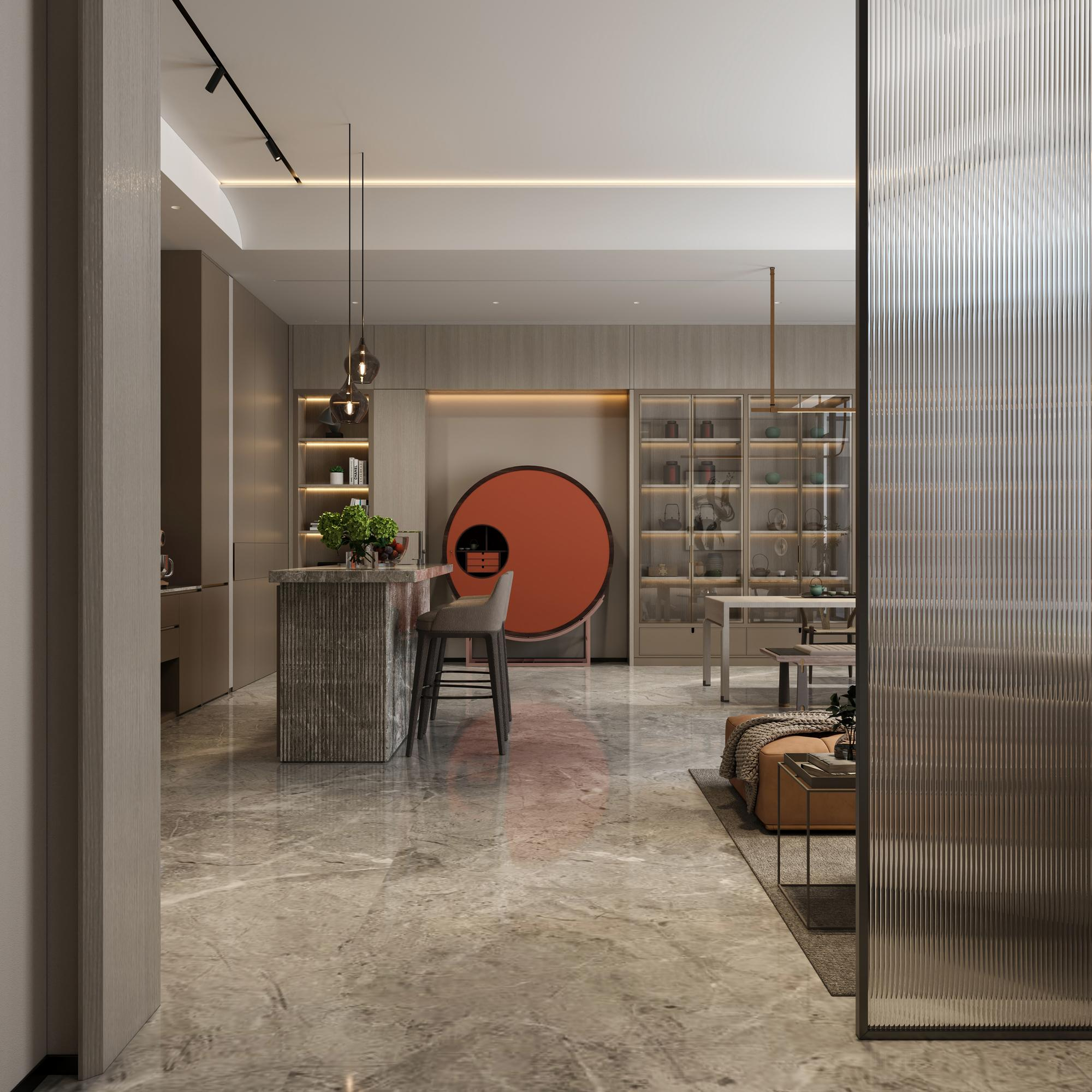 Modern kitchen with large-format porcelain tiles in Dallas home